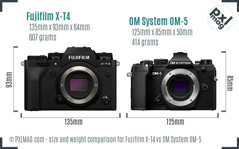 Fujifilm X-T4 vs OM System OM-5 size comparison