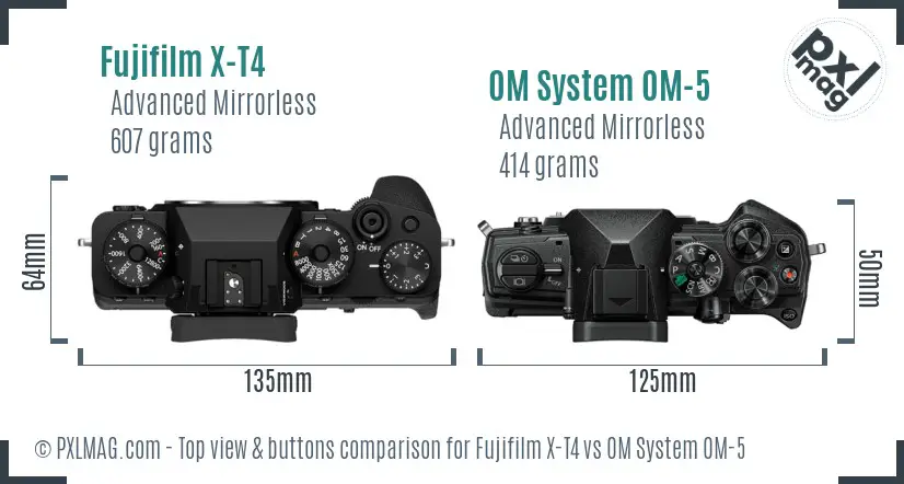 Fujifilm X-T4 vs OM System OM-5 top view buttons comparison