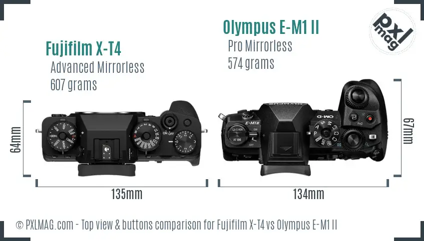 Fujifilm X-T4 vs Olympus E-M1 II top view buttons comparison