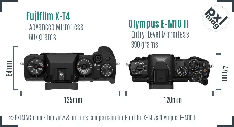 Fujifilm X-T4 vs Olympus E-M10 II top view buttons comparison