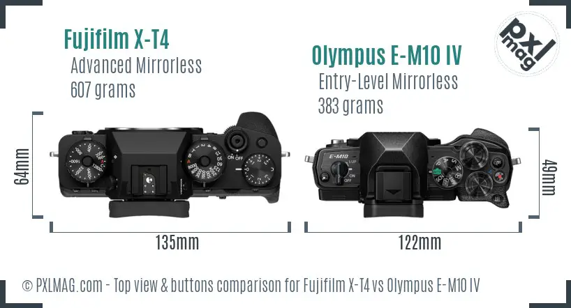 Fujifilm X-T4 vs Olympus E-M10 IV top view buttons comparison