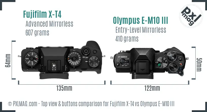 Fujifilm X-T4 vs Olympus E-M10 III top view buttons comparison