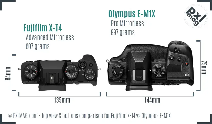 Fujifilm X-T4 vs Olympus E-M1X top view buttons comparison