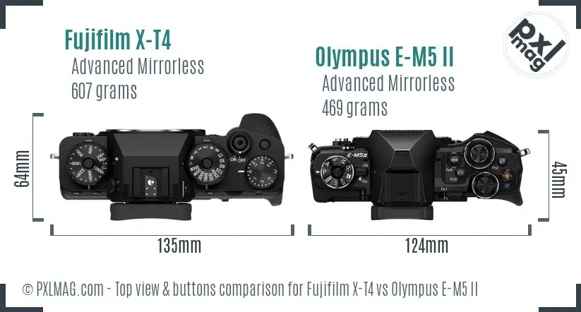 Fujifilm X-T4 vs Olympus E-M5 II top view buttons comparison