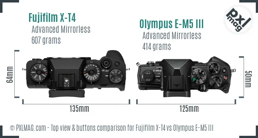 Fujifilm X-T4 vs Olympus E-M5 III top view buttons comparison