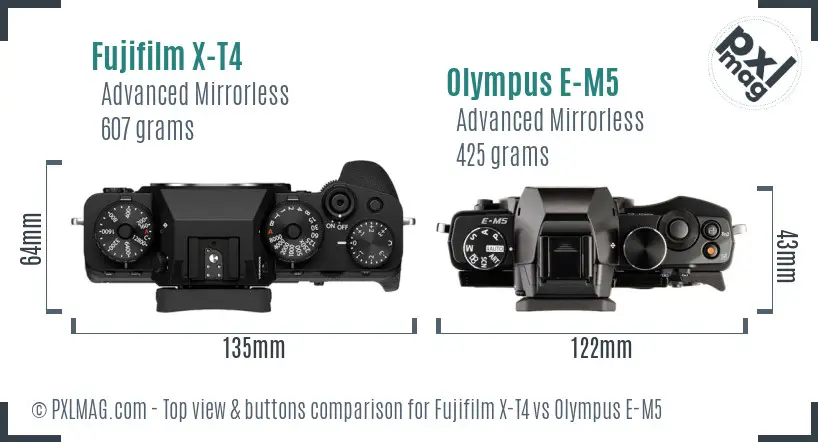 Fujifilm X-T4 vs Olympus E-M5 top view buttons comparison