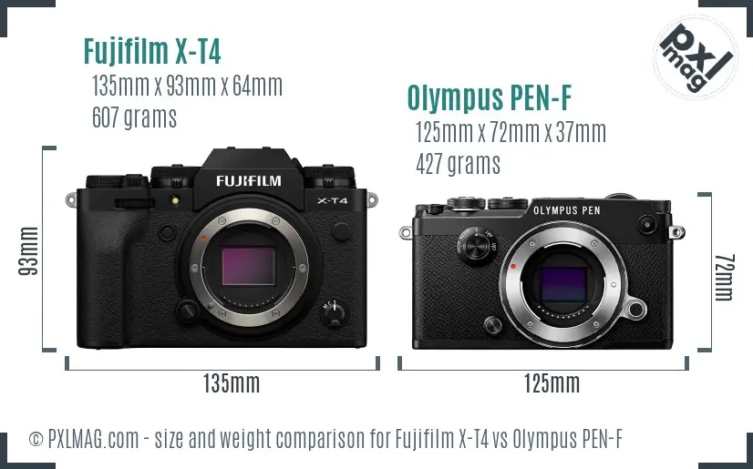 Fujifilm X-T4 vs Olympus PEN-F size comparison