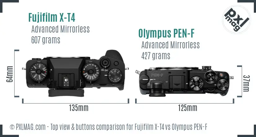 Fujifilm X-T4 vs Olympus PEN-F top view buttons comparison