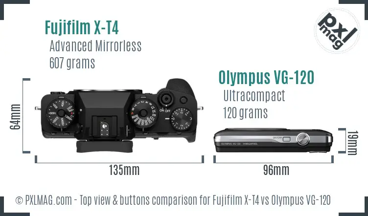 Fujifilm X-T4 vs Olympus VG-120 top view buttons comparison