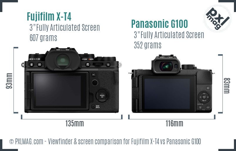 Fujifilm X-T4 vs Panasonic G100 Screen and Viewfinder comparison