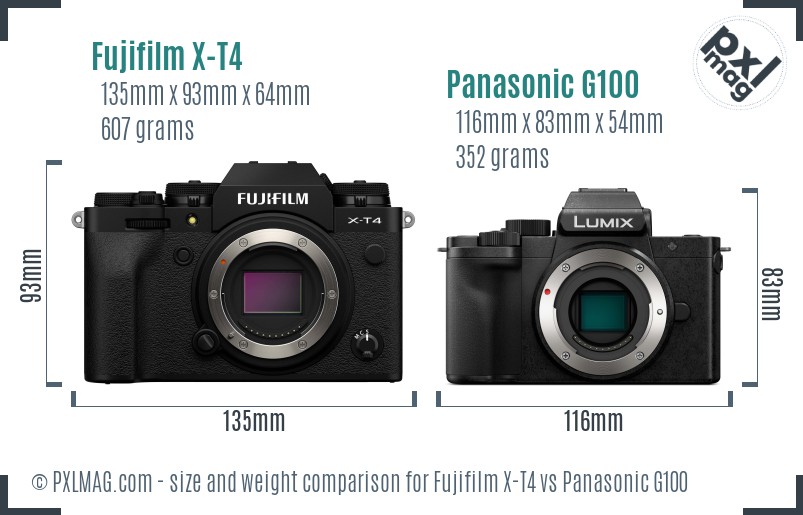 Fujifilm X-T4 vs Panasonic G100 size comparison