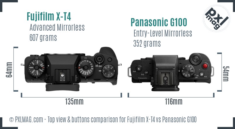 Fujifilm X-T4 vs Panasonic G100 top view buttons comparison