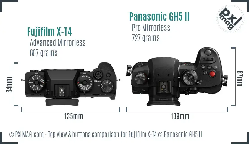 Fujifilm X-T4 vs Panasonic GH5 II top view buttons comparison