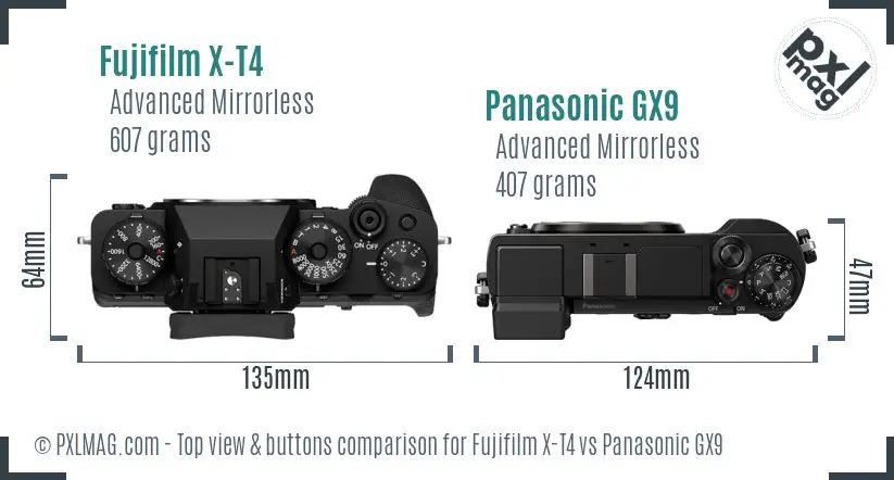 Fujifilm X-T4 vs Panasonic GX9 top view buttons comparison