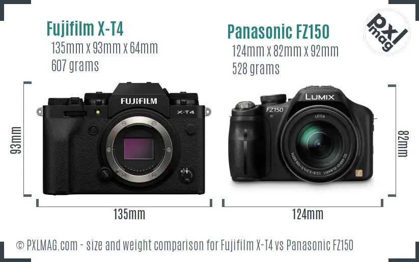 Fujifilm X-T4 vs Panasonic FZ150 size comparison