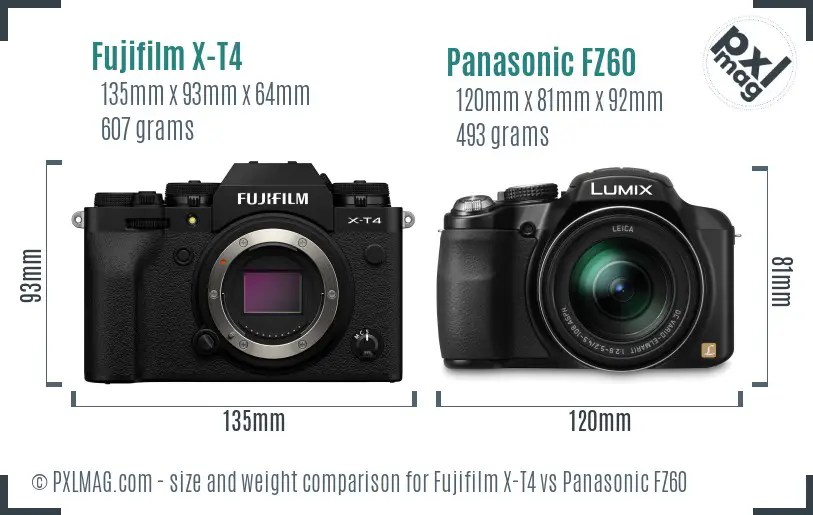 Fujifilm X-T4 vs Panasonic FZ60 size comparison
