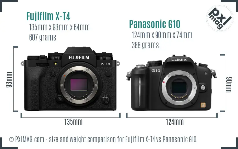 Fujifilm X-T4 vs Panasonic G10 size comparison