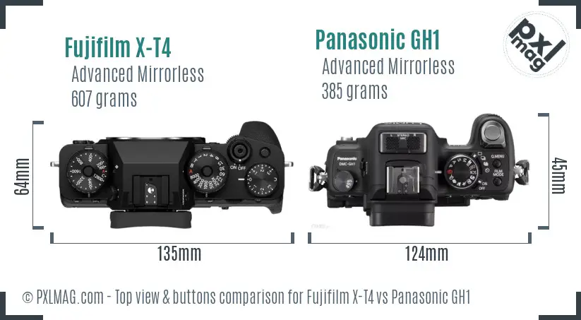 Fujifilm X-T4 vs Panasonic GH1 top view buttons comparison