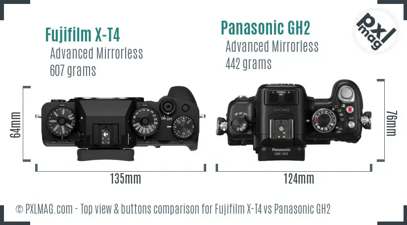 Fujifilm X-T4 vs Panasonic GH2 top view buttons comparison