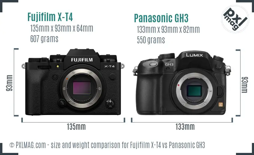 Fujifilm X-T4 vs Panasonic GH3 size comparison