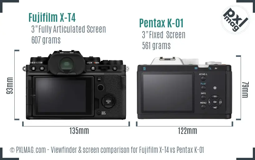 Fujifilm X-T4 vs Pentax K-01 Screen and Viewfinder comparison