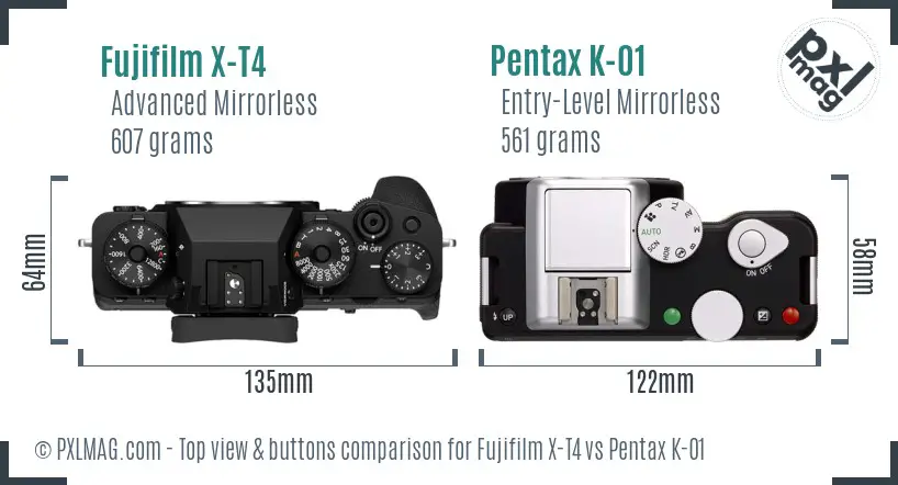 Fujifilm X-T4 vs Pentax K-01 top view buttons comparison
