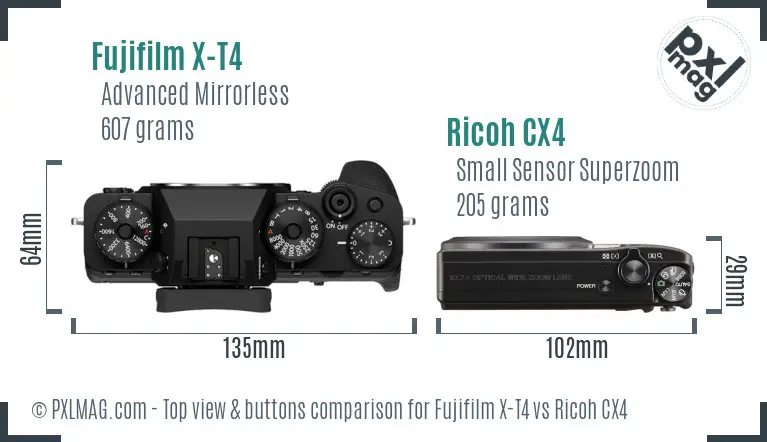 Fujifilm X-T4 vs Ricoh CX4 top view buttons comparison