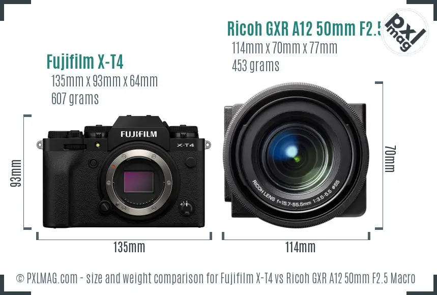 Fujifilm X-T4 vs Ricoh GXR A12 50mm F2.5 Macro size comparison