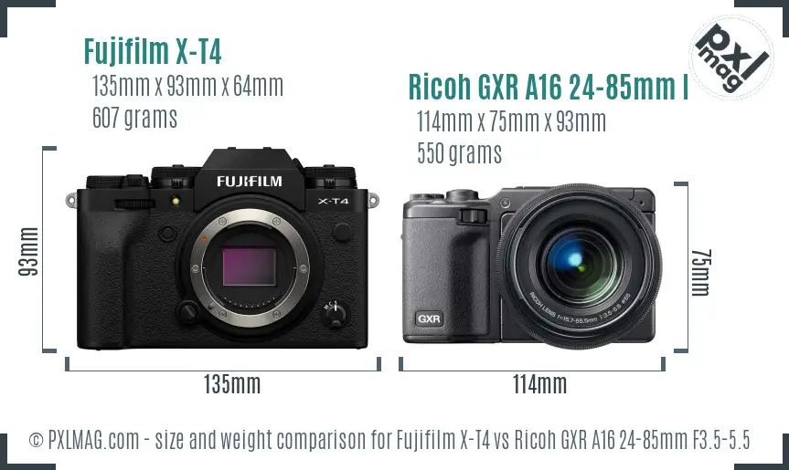 Fujifilm X-T4 vs Ricoh GXR A16 24-85mm F3.5-5.5 size comparison