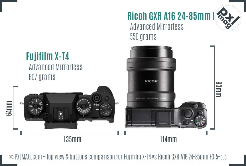 Fujifilm X-T4 vs Ricoh GXR A16 24-85mm F3.5-5.5 top view buttons comparison