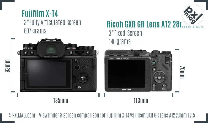Fujifilm X-T4 vs Ricoh GXR GR Lens A12 28mm F2.5 Screen and Viewfinder comparison