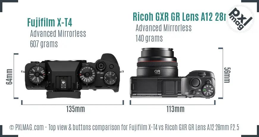 Fujifilm X-T4 vs Ricoh GXR GR Lens A12 28mm F2.5 top view buttons comparison
