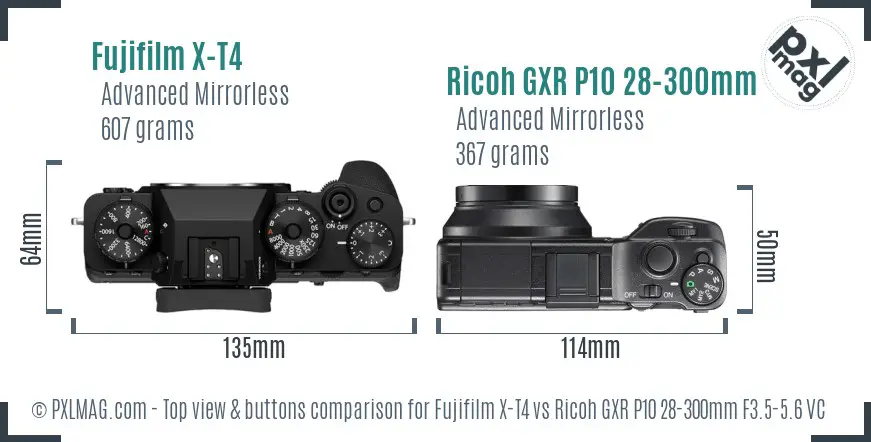 Fujifilm X-T4 vs Ricoh GXR P10 28-300mm F3.5-5.6 VC top view buttons comparison