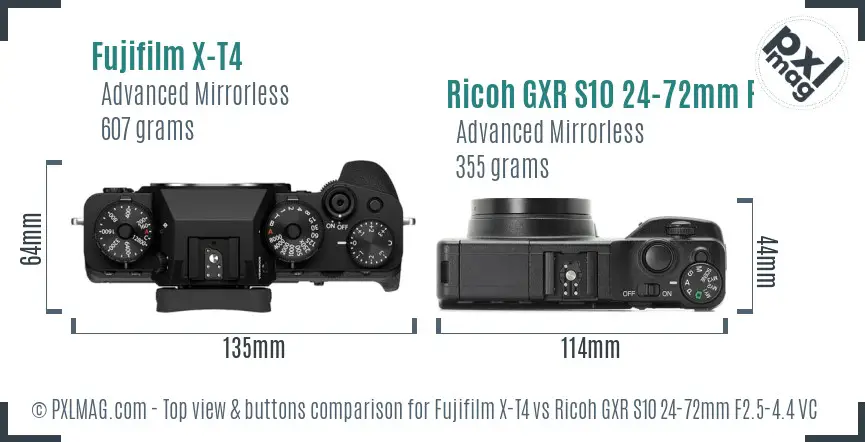 Fujifilm X-T4 vs Ricoh GXR S10 24-72mm F2.5-4.4 VC top view buttons comparison