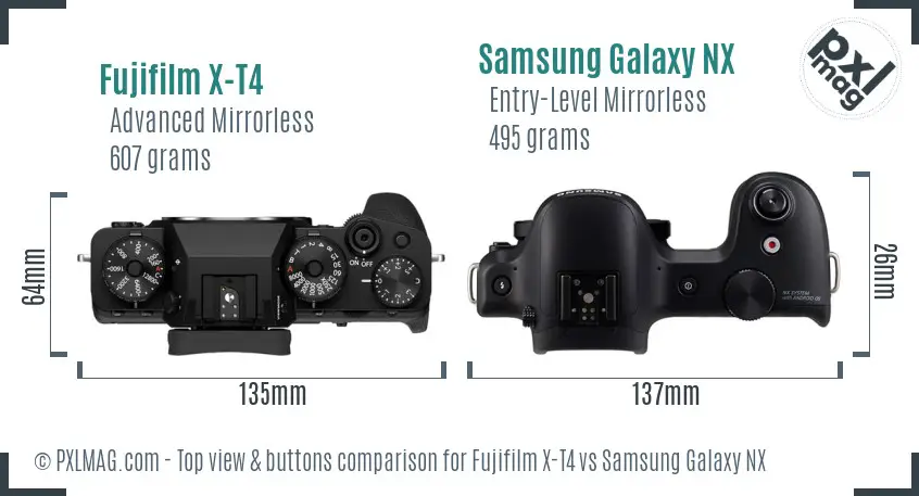 Fujifilm X-T4 vs Samsung Galaxy NX top view buttons comparison Fujifilm X-T4 vs Samsung Galaxy NX top view buttons comparison