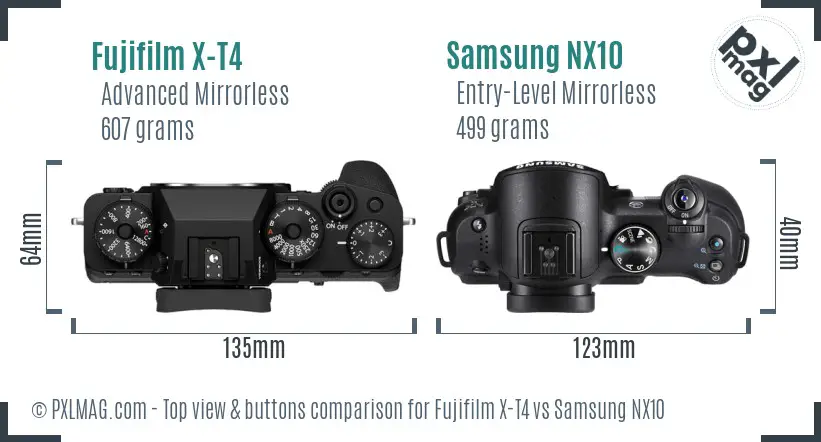 Fujifilm X-T4 vs Samsung NX10 top view buttons comparison