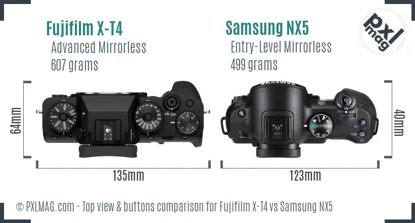 Fujifilm X-T4 vs Samsung NX5 top view buttons comparison