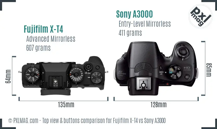 Fujifilm X-T4 vs Sony A3000 top view buttons comparison