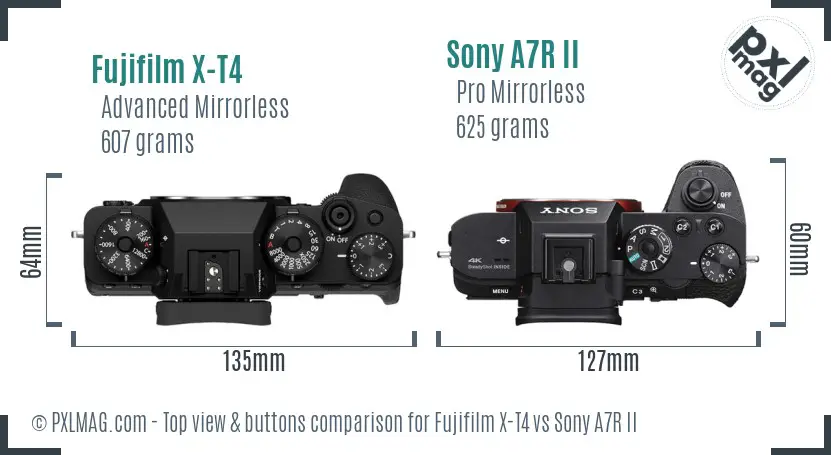 Fujifilm X-T4 vs Sony A7R II top view buttons comparison