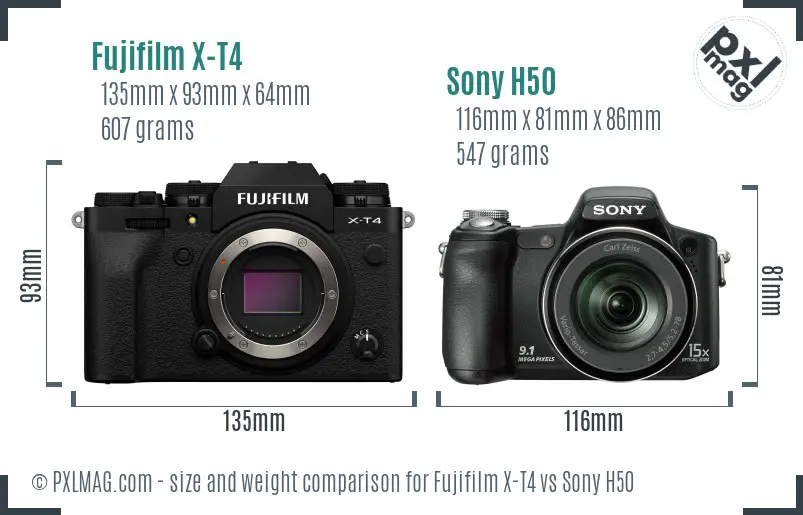 Fujifilm X-T4 vs Sony H50 size comparison