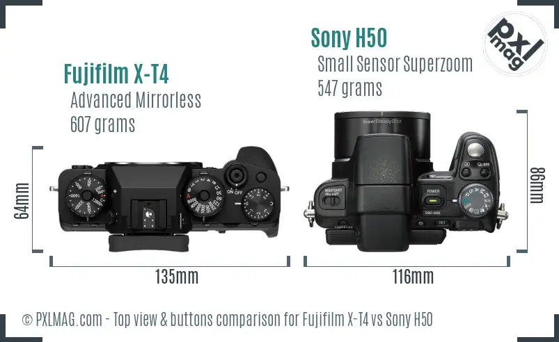 Fujifilm X-T4 vs Sony H50 top view buttons comparison
