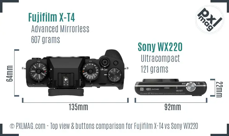 Fujifilm X-T4 vs Sony WX220 top view buttons comparison