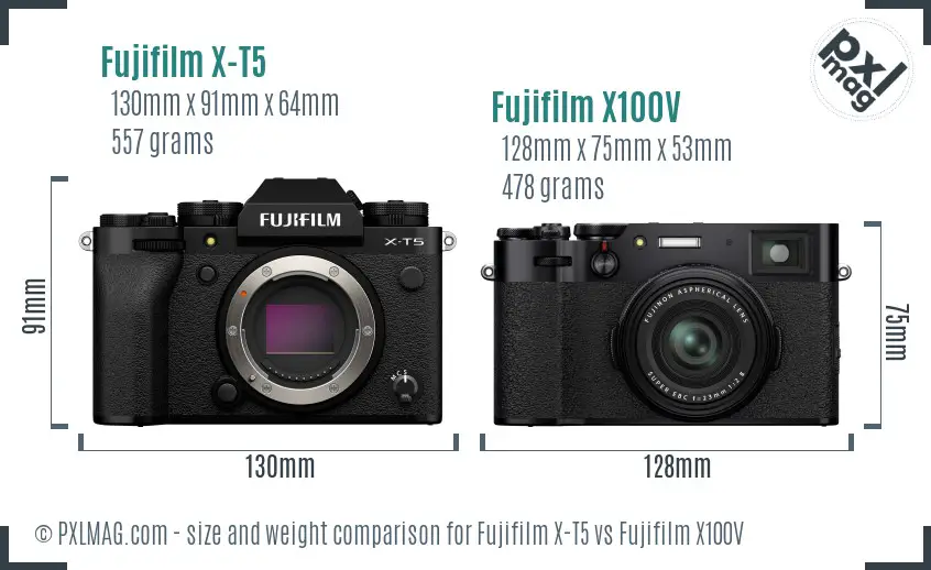 Fujifilm X-T5 vs Fujifilm X100V size comparison