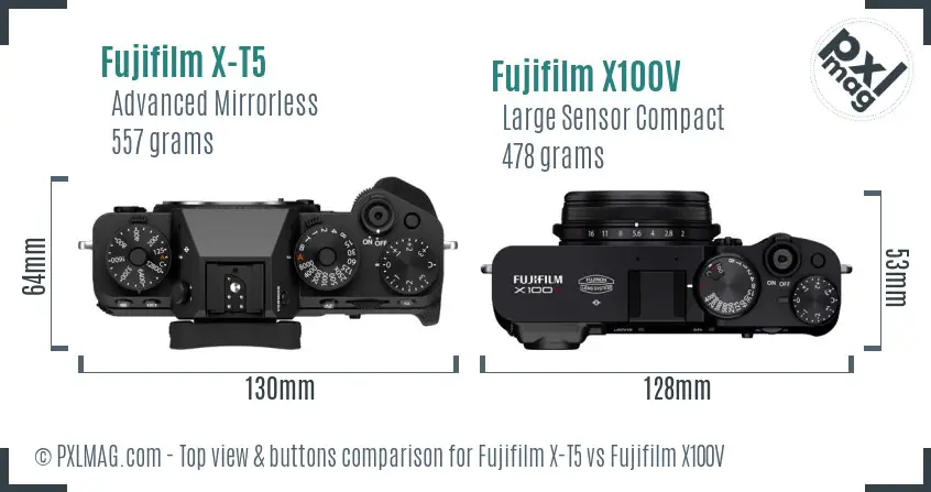 Fujifilm X-T5 vs Fujifilm X100V top view buttons comparison