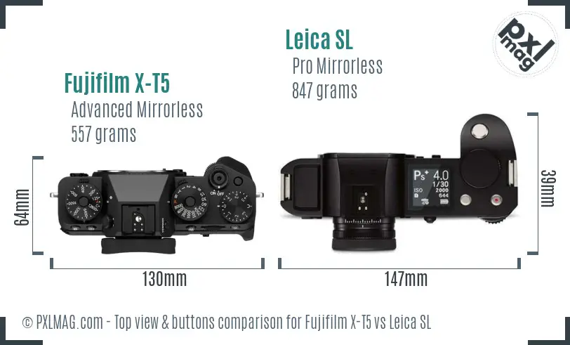 Fujifilm X-T5 vs Leica SL top view buttons comparison Fujifilm X-T5 vs Leica SL top view buttons comparison