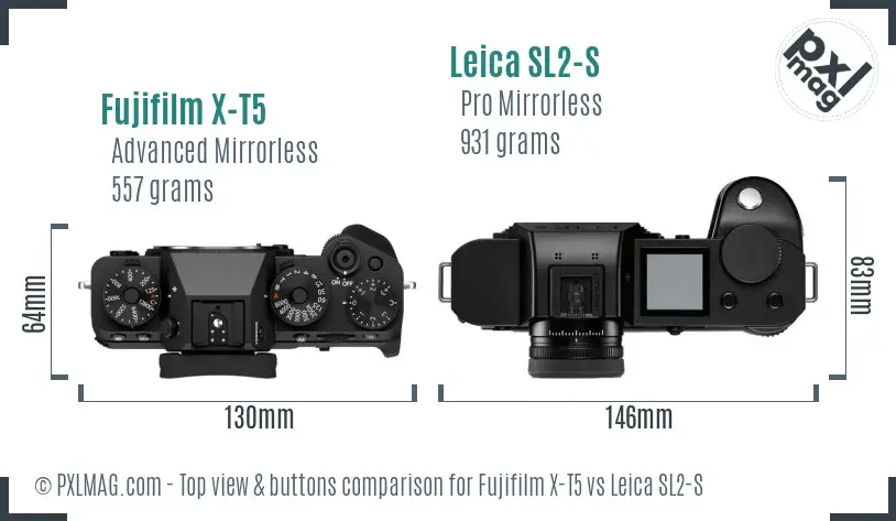 Fujifilm X-T5 vs Leica SL2-S top view buttons comparison