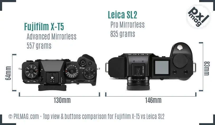 Fujifilm X-T5 vs Leica SL2 top view buttons comparison Fujifilm X-T5 vs Leica SL2 top view buttons comparison