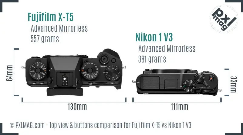 Fujifilm X-T5 vs Nikon 1 V3 top view buttons comparison
