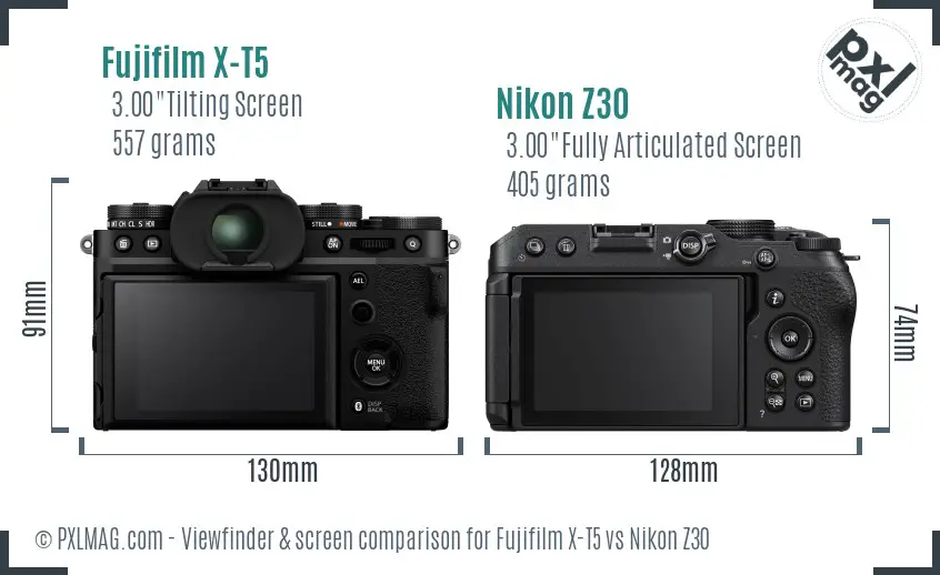 Fujifilm X-T5 vs Nikon Z30 Screen and Viewfinder comparison