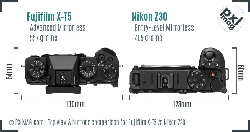 Fujifilm X-T5 vs Nikon Z30 top view buttons comparison